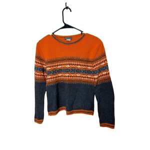 Takeout Orange Gray Fair Isle Knit Sweater Women's Large Crew Neck Long Sleeve‎